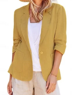 Women's Blazer Comfortable Breathable Pocket Casual Plain Office Work Street Casual Single Breasted Regular Turndown Regular Fit Long Sleeve Outerwear Black White Yellow Summer Spring