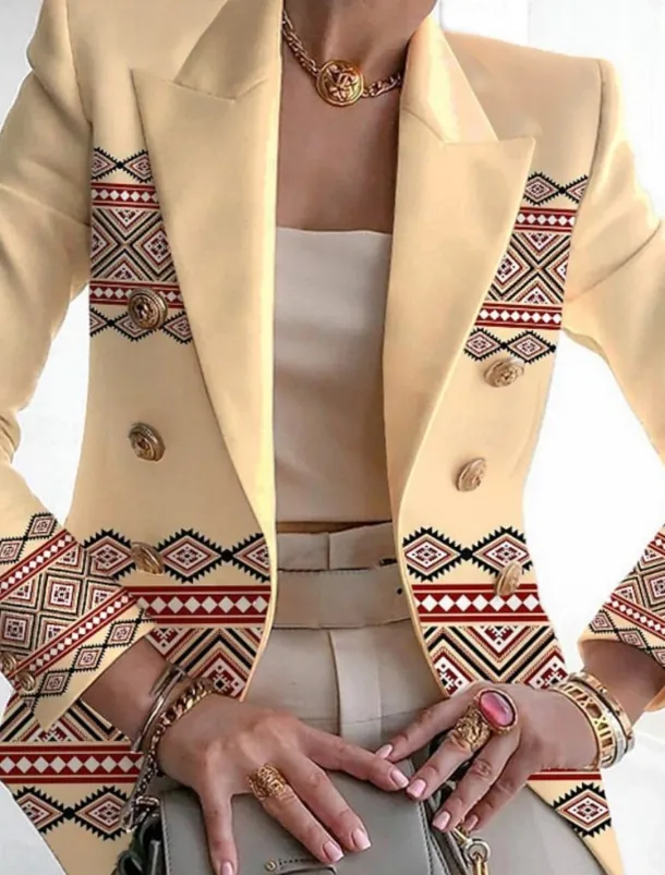 Women's Blazer Comfortable Breathable Pocket Buttons Print Fashion Casual Geometric Office Street Casual Daily Wear Single Breasted Regular Turndown Regular Fit Long Sleeve Outerwear Pink Purple