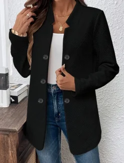 Women's Blazer Comfortable Breathable Buttons Casual Plain Office Street Casual Daily Wear Single Breasted Regular Stand Collar Regular Fit Long Sleeve Outerwear Black White Pink Summer Fall