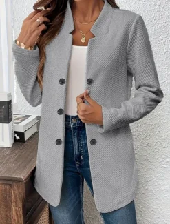 Women's Blazer Comfortable Breathable Buttons Casual Plain Office Street Casual Daily Wear Single Breasted Regular Stand Collar Regular Fit Long Sleeve Outerwear Black White Pink Summer Fall