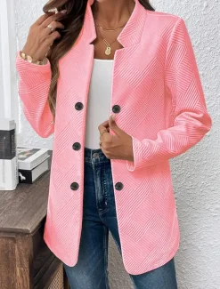 Women's Blazer Comfortable Breathable Buttons Casual Plain Office Street Casual Daily Wear Single Breasted Regular Stand Collar Regular Fit Long Sleeve Outerwear Black White Pink Summer Fall