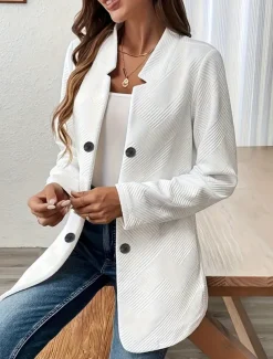 Women's Blazer Comfortable Breathable Buttons Casual Plain Office Street Casual Daily Wear Single Breasted Regular Stand Collar Regular Fit Long Sleeve Outerwear Black White Pink Summer Fall