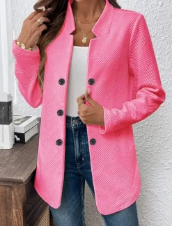 Women's Blazer Comfortable Breathable Buttons Casual Plain Office Street Casual Daily Wear Single Breasted Regular Stand Collar Regular Fit Long Sleeve Outerwear Black White Pink Summer Fall