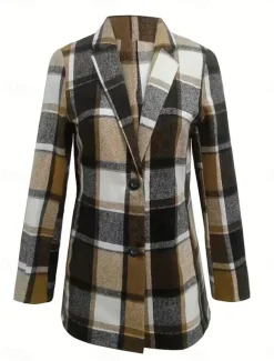 Women's Blazer Outdoor Adjustable Plaid Breathable Stylish Regular Fit Outerwear Long Sleeve Fall Coffee S