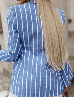 Women's Blazer Stripe Work Pocket Lines / Waves Stylish Regular Fit Outerwear Long Sleeve Spring Blue S