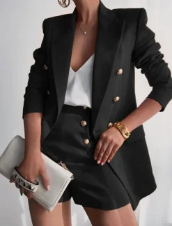 Women's Blazer Suits 2 Pcs Blazer & Short Pant Double Breasted Blazer Fall Work Office Casual / Daily Fashion Outerwear Long Sleeve Summer Black S