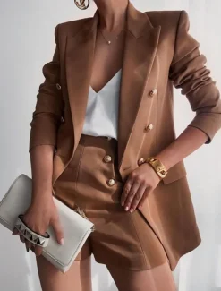 Women's Blazer Suits 2 Pcs Blazer & Short Pant Double Breasted Blazer Fall Work Office Casual / Daily Fashion Outerwear Long Sleeve Summer Black S