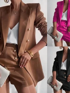 Women's Blazer Suits 2 Pcs Blazer & Short Pant Double Breasted Blazer Fall Work Office Casual / Daily Fashion Outerwear Long Sleeve Summer Black S