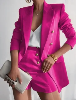 Women's Blazer Suits 2 Pcs Blazer & Short Pant Double Breasted Blazer Fall Work Office Casual / Daily Fashion Outerwear Long Sleeve Summer Black S