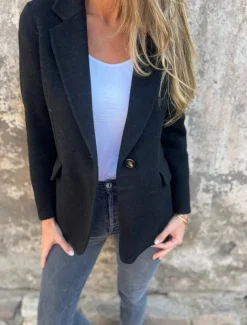Women's Blazer V Neck Buttons Plain Comfortable Fashion Regular Fit Outerwear Long Sleeve Winter Black S