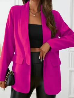 Women's Blazer Warm Breathable Pocket OL Style Casual Plain Formal Office Work Open Front Regular Turndown Regular Fit Long Sleeve Outerwear Black Fuchsia Summer Spring