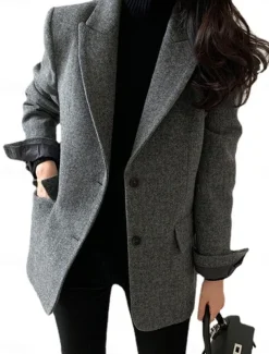 Women's Blazer Warm Breathable Patchwork Pocket OL Style Modern Solid Color Office / Career Going out Regular Turndown Regular Fit Long Sleeve Outerwear Brown Grey Fall Winter