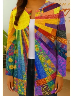 Women's Blazer Windproof Warm Patchwork Pocket Color Block Open Front Modern Boho Vintage Geometric Casual Daily Casual Daily Short Crewneck Regular Fit Long Sleeve Outerwear Yellow Red Orange Fall