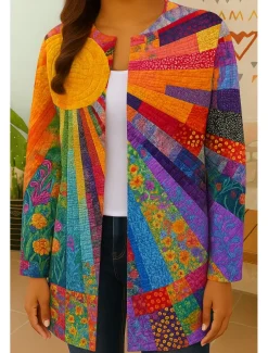 Women's Blazer Windproof Warm Patchwork Pocket Color Block Open Front Modern Boho Vintage Geometric Casual Daily Casual Daily Short Crewneck Regular Fit Long Sleeve Outerwear Yellow Red Orange Fall