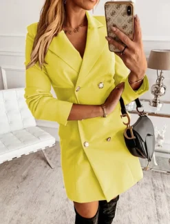 Women's Blazer Work Button Solid Color Breathable OL Style Regular Fit Outerwear Long Sleeve Fall Yellow S