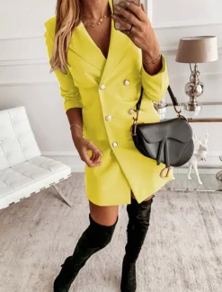 Women's Blazer Work Button Solid Color Breathable OL Style Regular Fit Outerwear Long Sleeve Fall Yellow S