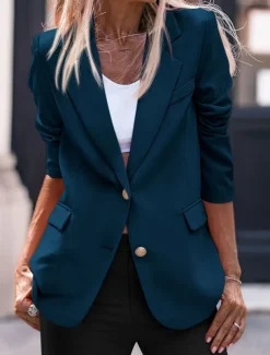 Women's Blazer Work Button Solid Color Comfortable OL Style Regular Fit Outerwear Long Sleeve Fall Black S