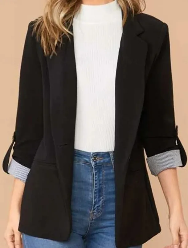 Women's Blazer Work Stripe Solid Color Warm Stylish Regular Fit Outerwear Long Sleeve Spring Light Blue S