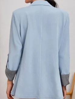 Women's Blazer Work Stripe Solid Color Warm Stylish Regular Fit Outerwear Long Sleeve Spring Light Blue S