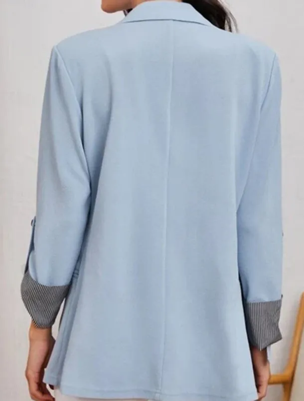 Women's Blazer Work Stripe Solid Color Warm Stylish Regular Fit Outerwear Long Sleeve Spring Light Blue S