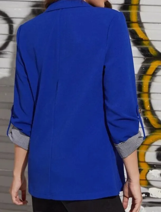 Women's Blazer Work Stripe Solid Color Warm Stylish Regular Fit Outerwear Long Sleeve Spring Light Blue S