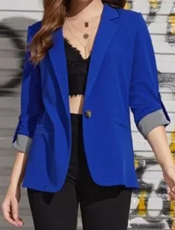 Women's Blazer Work Stripe Solid Color Warm Stylish Regular Fit Outerwear Long Sleeve Spring Light Blue S