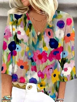 Women's Blouse Button Down Floral Graphic Stylish Beach Short Sleeve V Neck Regular Tops Daily Print Rainbow Summer Spring