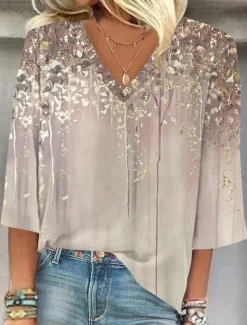 Women's Blouse Button Down Ombre Floral Graphic Stylish Beach Short Sleeve V Neck Regular Tops Daily Print Khaki Summer Spring