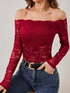 Women's Blouse Casual Long Sleeve Off Shoulder Regular Tops Lace claret Black Summer Spring