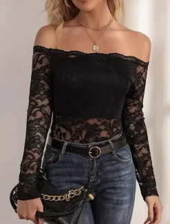 Women's Blouse Casual Long Sleeve Off Shoulder Regular Tops Lace claret Black Summer Spring