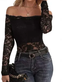 Women's Blouse Casual Long Sleeve Off Shoulder Regular Tops Lace claret Black Summer Spring