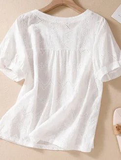 Women's Blouse Cotton Linen Shirts Solid Color Stylish Casual Short Sleeve Crew Neck Regular Tops Daily Holiday Going out Hollow Out White Orange Green Summer Spring