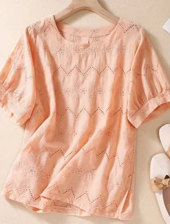 Women's Blouse Cotton Linen Shirts Solid Color Stylish Casual Short Sleeve Crew Neck Regular Tops Daily Holiday Going out Hollow Out White Orange Green Summer Spring