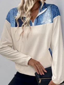 Women's Blouse 3D Daily Stylish Casual Long Sleeve High Neck Regular Tops Work Daily Resort Wear Patchwork 3D Print Print off white Spring Fall Winter