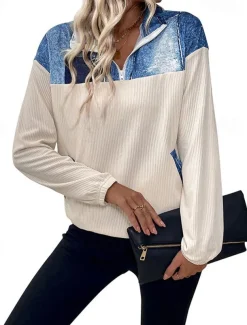 Women's Blouse 3D Daily Stylish Casual Long Sleeve High Neck Regular Tops Work Daily Resort Wear Patchwork 3D Print Print off white Spring Fall Winter