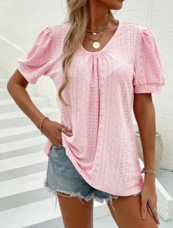 Women's Blouse Elegant Bohemia Short Sleeve Crew Neck Vacation Daily Going out Knotted White Pink Army Green Green Summer