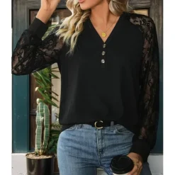 Women's Blouse Elegant Stylish Modern Lace Long Sleeve V Neck Work Daily Black Spring Fall