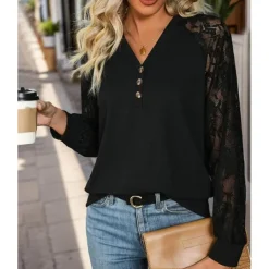 Women's Blouse Elegant Stylish Modern Lace Long Sleeve V Neck Work Daily Black Spring Fall