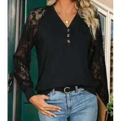 Women's Blouse Elegant Stylish Modern Lace Long Sleeve V Neck Work Daily Black Spring Fall