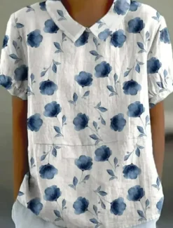 Women's Blouse Floral Elegant Daily Stylish Short Sleeve Shirt Collar Regular Tops Work Daily Holiday White Pink Blue Green Summer