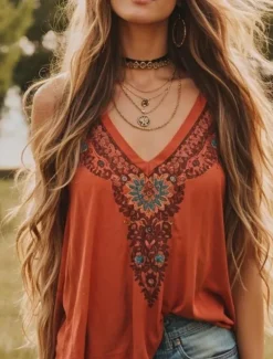 Women's Blouse Floral Graphic Paisley Bohemia Vintage Tropical Sleeveless Strap Regular Tops Daily Holiday Beach Wear Print Orange Summer Spring