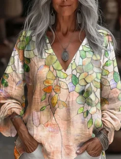 Women's Blouse Floral Graphic Plants Stylish Casual Long Sleeve 3/4 Length Sleeve V Neck Regular Tops Daily Blue Purple Orange Green Summer Spring