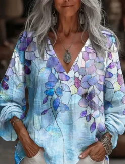 Women's Blouse Floral Graphic Plants Stylish Casual Long Sleeve 3/4 Length Sleeve V Neck Regular Tops Daily Blue Purple Orange Green Summer Spring