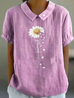 Women's Blouse Floral Graphic Vintage Tropical Stylish Short Sleeve Peter Pan Collar Regular Tops Work Daily Print Pink Blue Green Gray Summer Spring