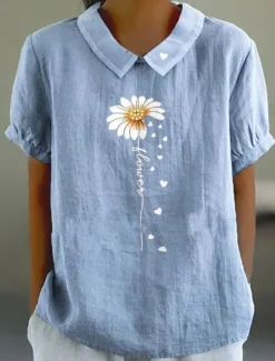 Women's Blouse Floral Graphic Vintage Tropical Stylish Short Sleeve Peter Pan Collar Regular Tops Work Daily Print Pink Blue Green Gray Summer Spring