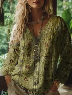 Women's Blouse Floral Graphic Paisley Bohemia Vintage Tropical 3/4 Length Sleeve V Neck Regular Tops Ruched Print Purple Green Summer Spring