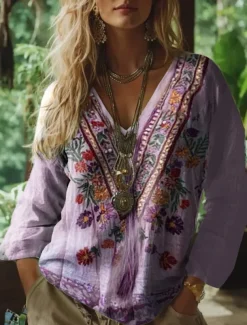 Women's Blouse Floral Graphic Paisley Bohemia Vintage Tropical 3/4 Length Sleeve V Neck Regular Tops Ruched Print Purple Green Summer Spring