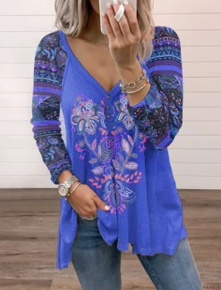 Women's Blouse Floral Stylish Casual Long Sleeve V Neck Regular Tops Daily Print Red Blue Sky Blue Purple Summer Spring