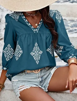Women's Blouse Geometric Bohemia Casual 3/4 Length Sleeve Puff Sleeve V Neck Regular Tops Daily Print Pink Navy Blue Purple Green Summer Spring