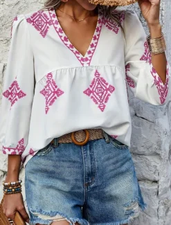 Women's Blouse Geometric Bohemia Casual 3/4 Length Sleeve Puff Sleeve V Neck Regular Tops Daily Print Pink Navy Blue Purple Green Summer Spring